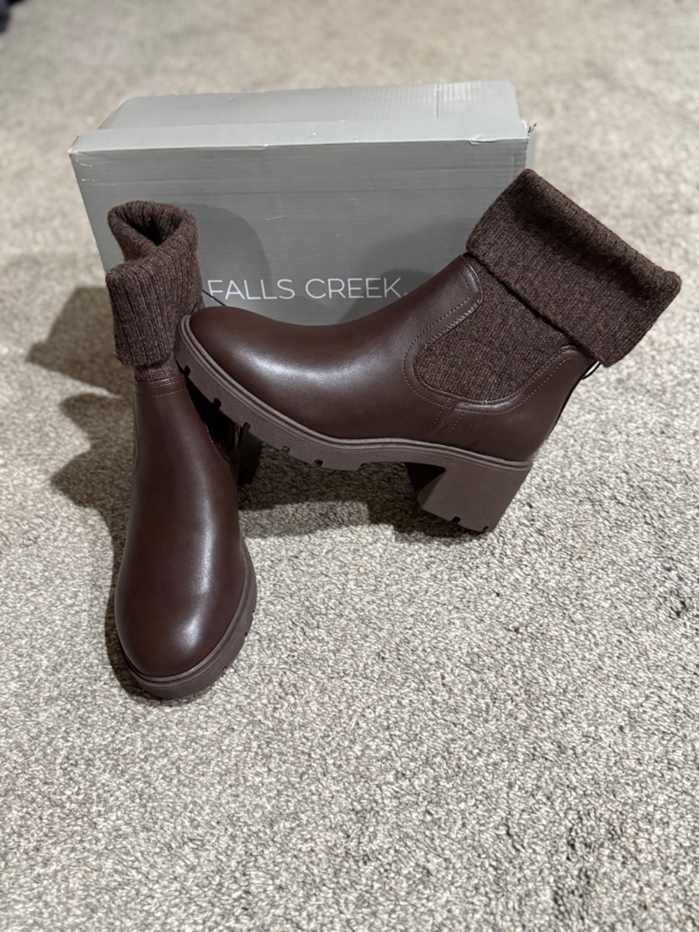 Falls Creek Brown Knit-Cuff Lug Sole Booties